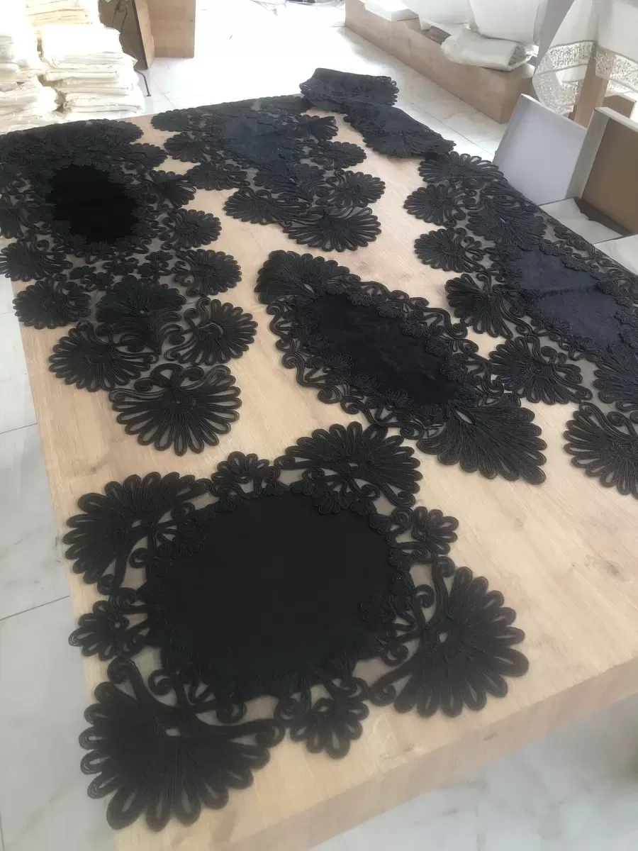 Salon Takımı Çeyizlik Siyah Runner Set 7 Parça Kadife Ranır Masa Konsol Sehpa Örtüsü Palmiye görsel 3