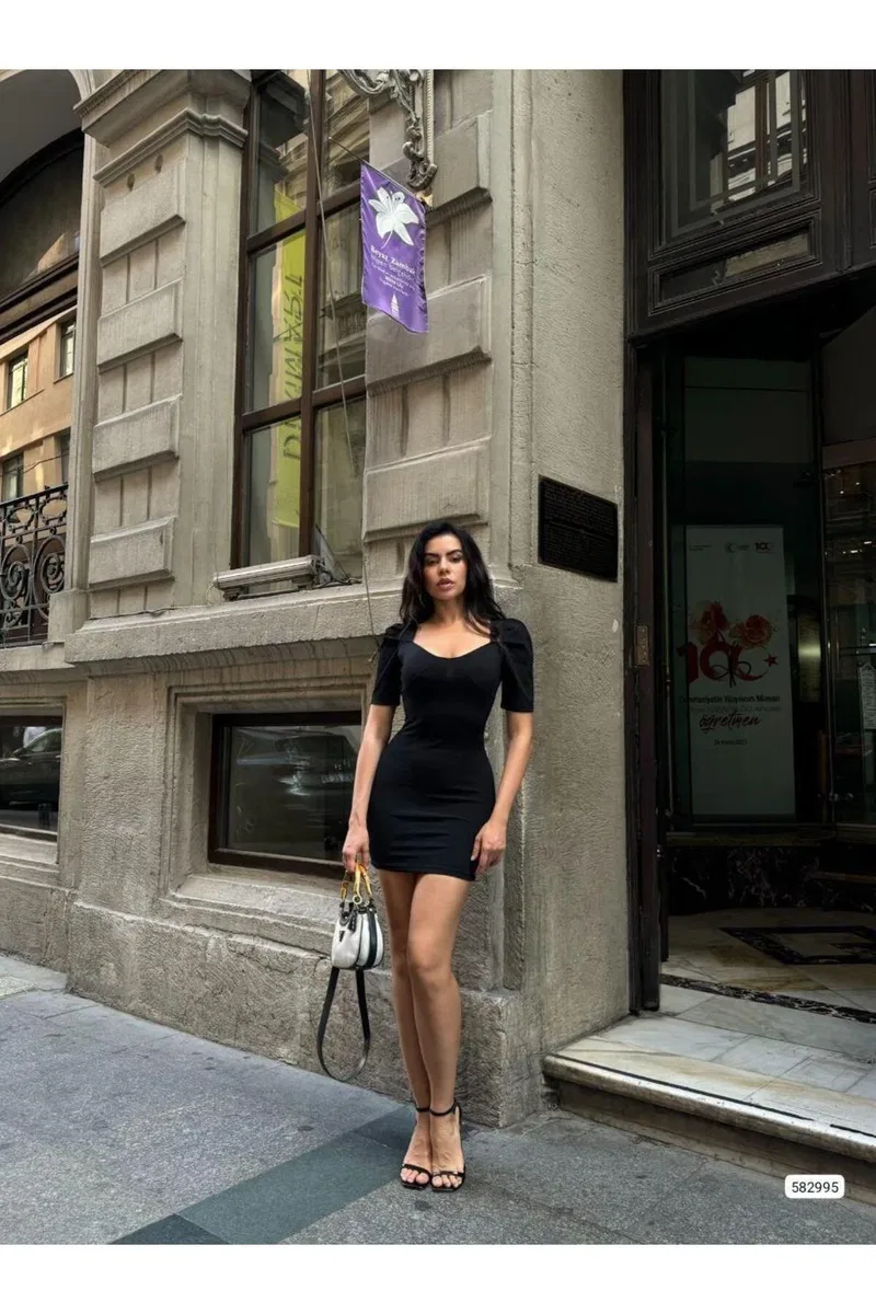 Kadın Hediyelik Kare Yaka Kısa Kol Balon Kol Mini Elbise görsel 2