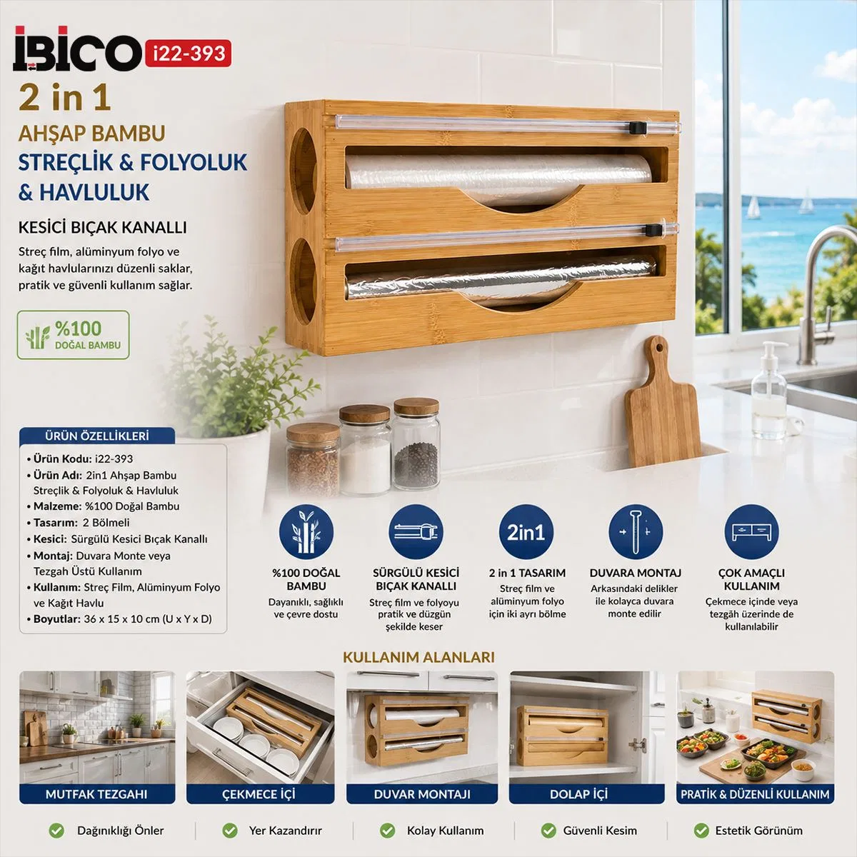 Bambu Ahşap Streç & Folyo Dispenseri (Havluluk, Kesici Klı) görsel 3