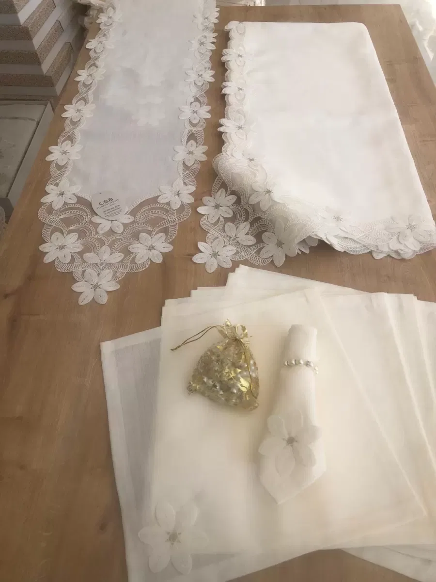 Sofra Takımı Evita Gardenya Keten Yemek Takımı 160x260 Masa Seti 26 Parça Runner Set Krem görsel 2