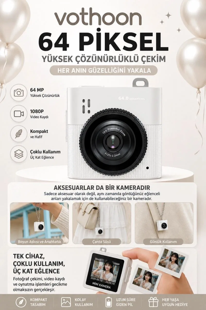 Mini Dijital Kamera 64mp 16x Digital Zoom Retro Vintage 1. 4’’ekranlı Video Kamera Taşınabilir Tasarım Beyaz