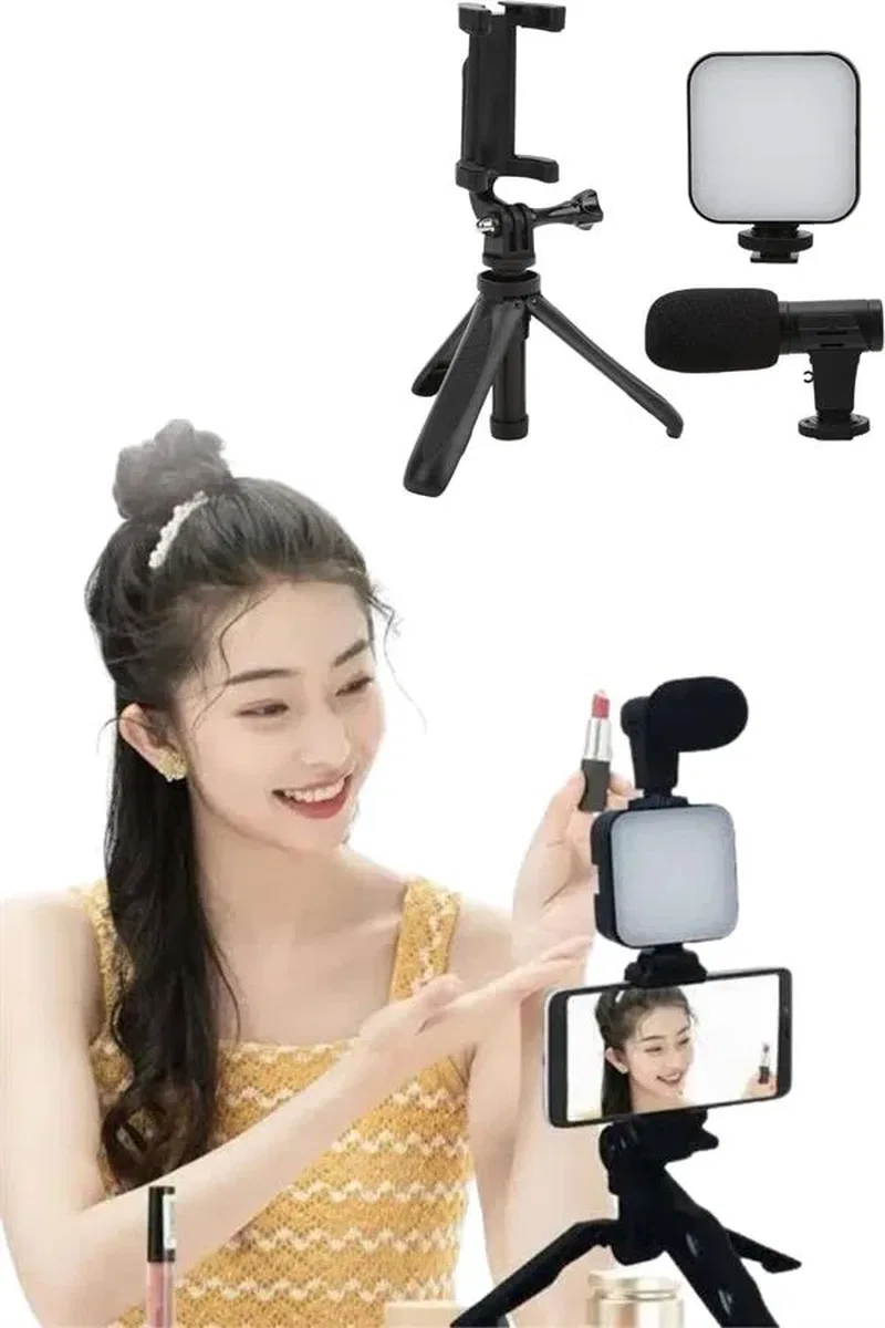 Tripod Telefon Tutucu Kumandalı Mikrofon Led Işık Vlog Video Kayıt görsel 4