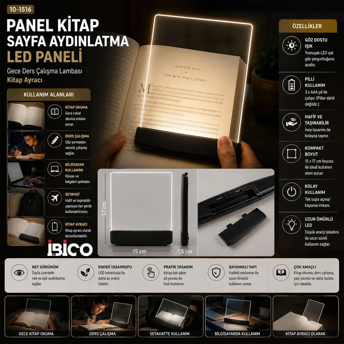 Kitap Okuma LED Paneli 15x17 cm (Pilli) görsel 2