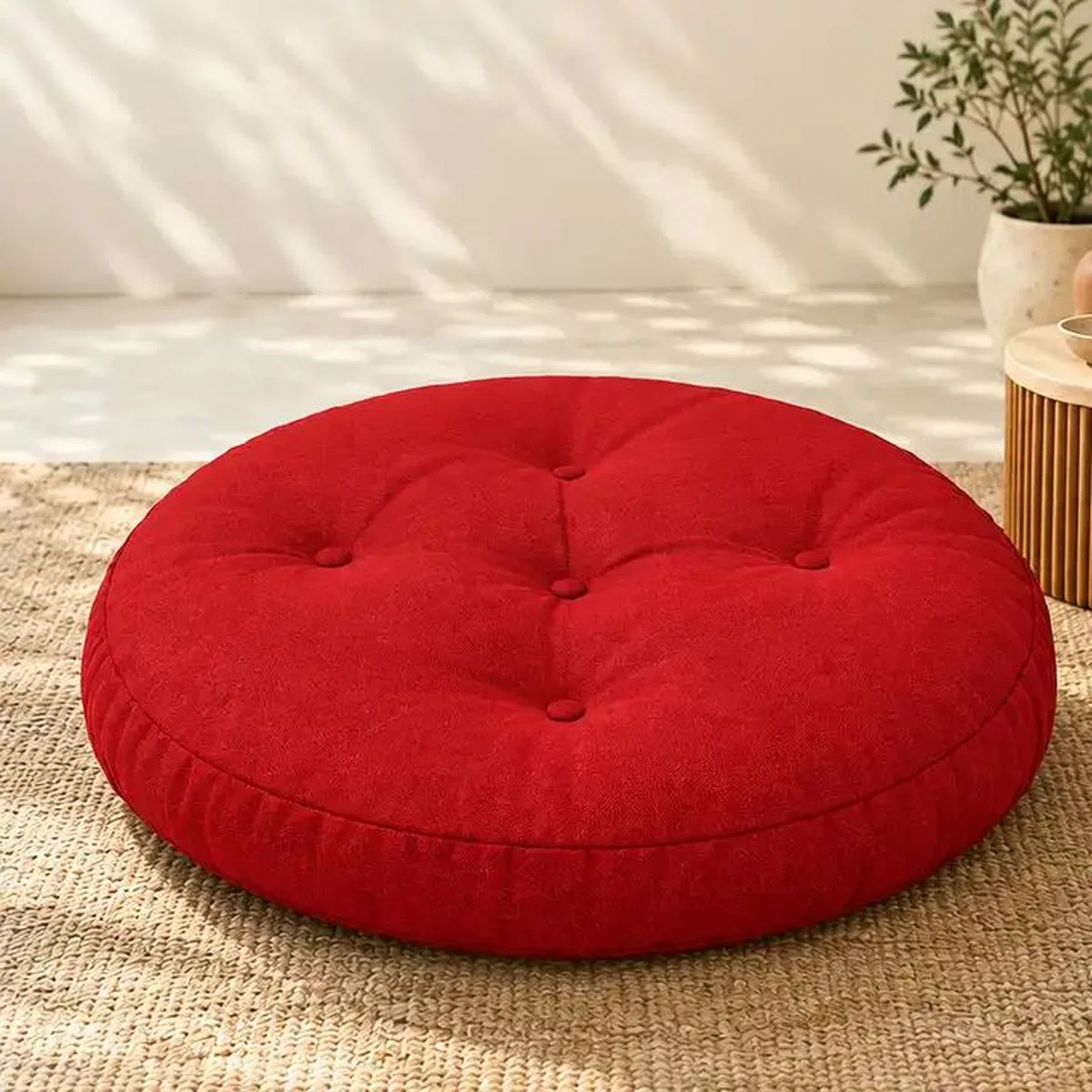 Kapitone Yuvarlak Yer Minderi · 60 × 60 × 8 cm · Kırmızı