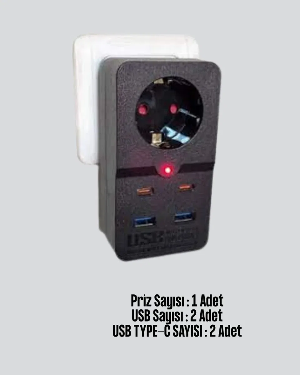 Tip Akım Koruma Prizi 10A 2500W USB Type C Destekli görsel 2
