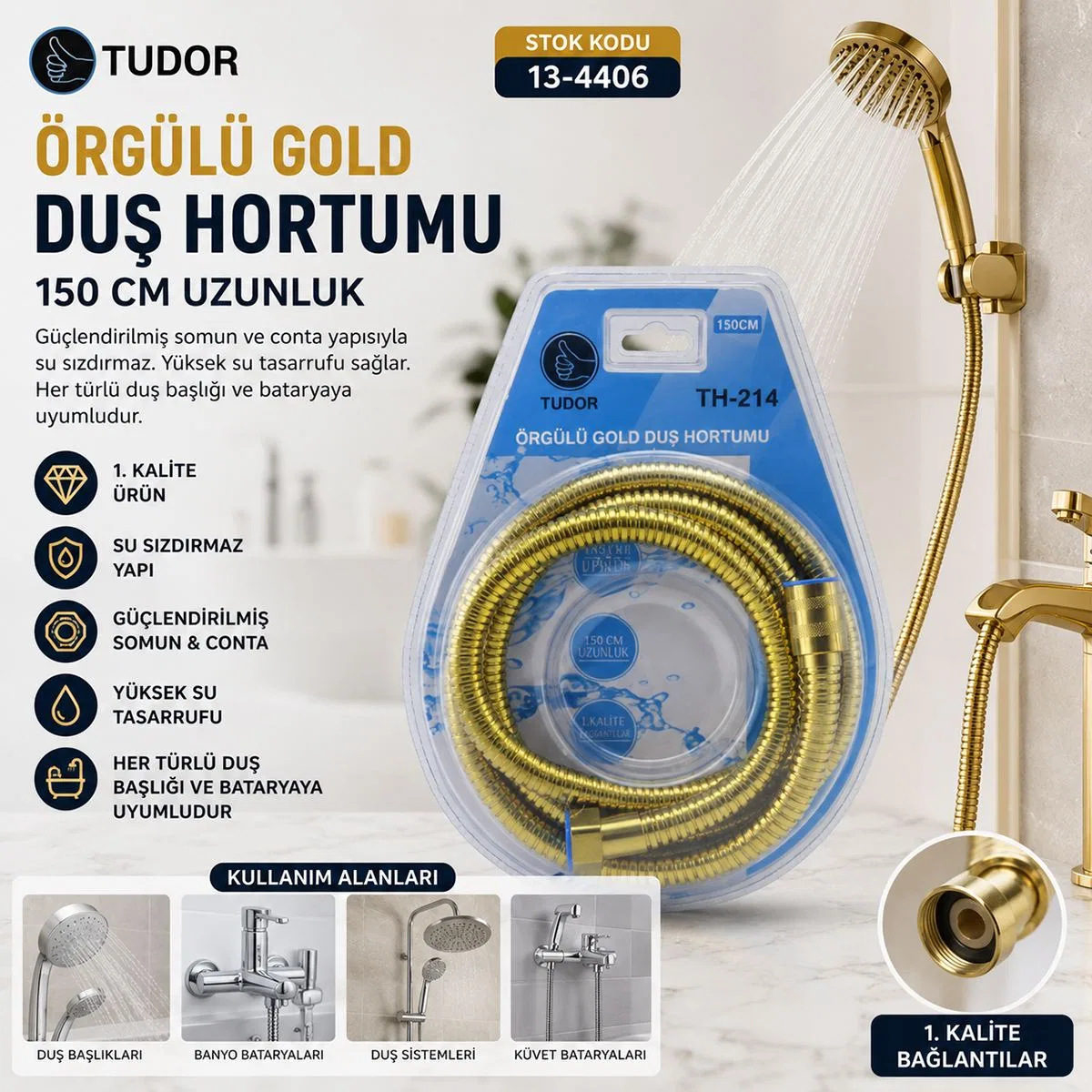 Örgülü Duş Hortumu 150 cm Gold görsel 2