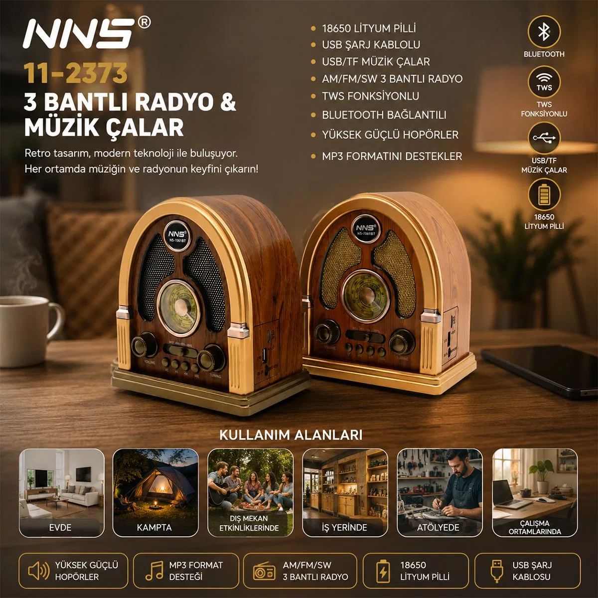 Bluetooth Taşınabilir Hoparlör - FM Radyo, USB/TF MP3, Şarjlı, İbreli Nostalji görsel 4
