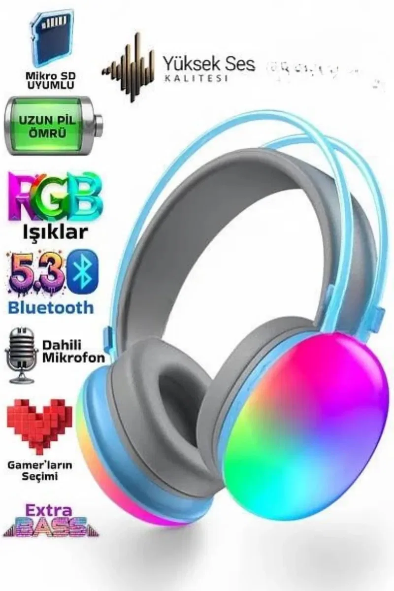 Yeni Nesil Kulak Üstü Kablosuz Uzun Ömürlü RGB Işıklı Bluetooth Kulaklık görsel 4