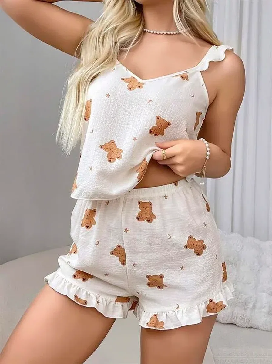 Pamuklu Ayıcık Desen Fırfırlı Askılı Şortlu Pijama Takımı görsel 3