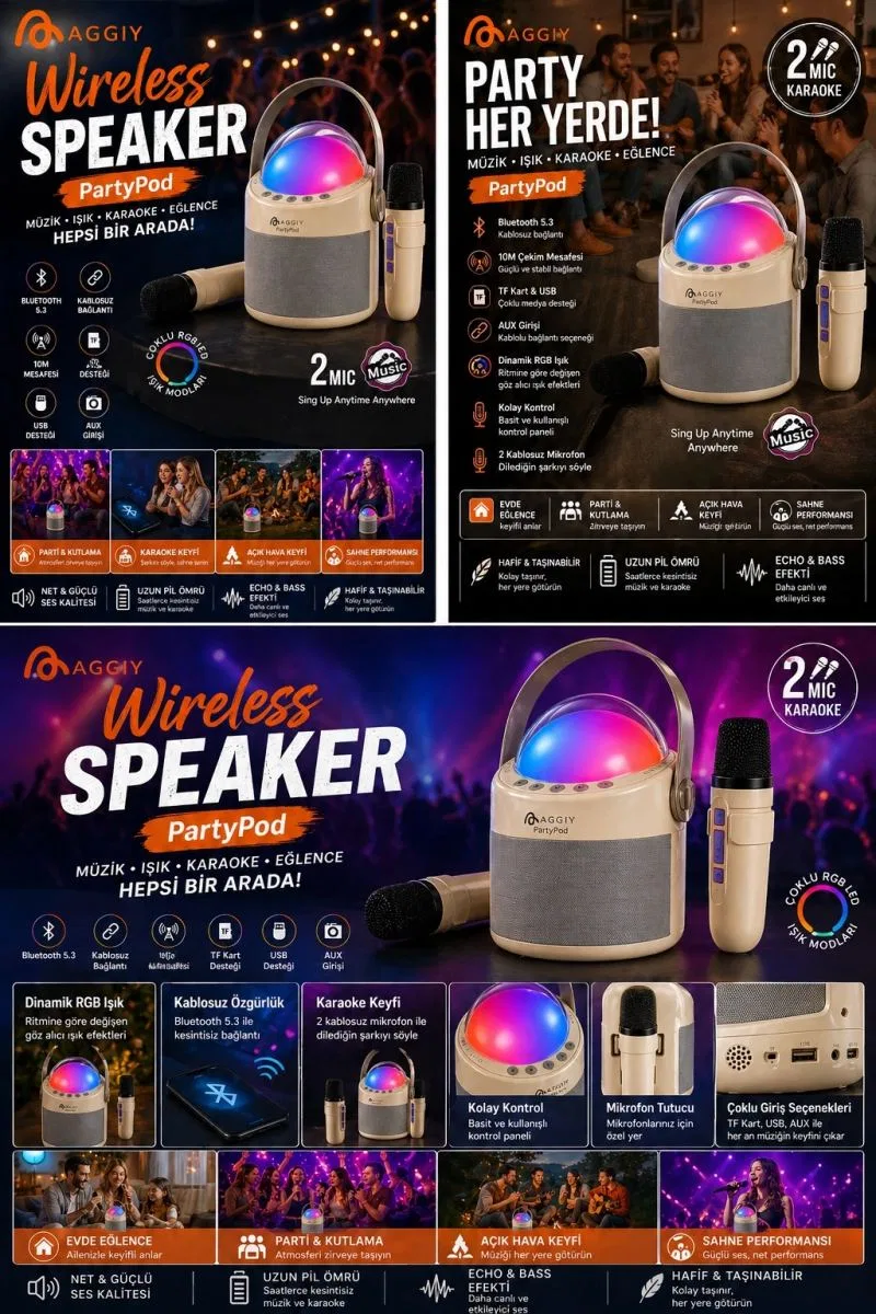 Partypod Bluetooth 5. 3 Destekli Çok Fonksiyonlu Kablosuz Mikrofon Ve Hoparlör görsel 4