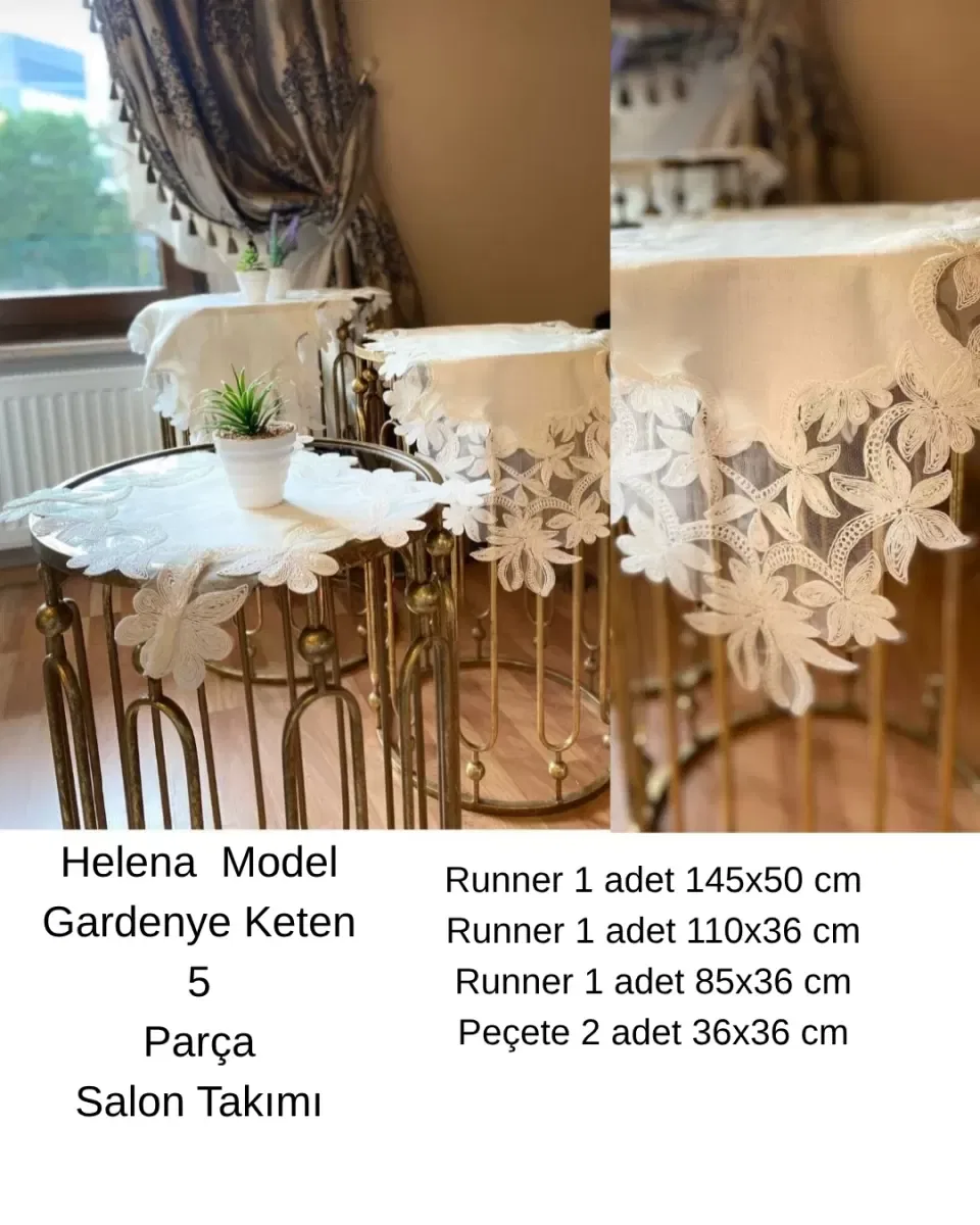 Salon Takımı Çeyizlik Helena Model Krem 5 Parça Keten Dantelli Runner Seti görsel 2