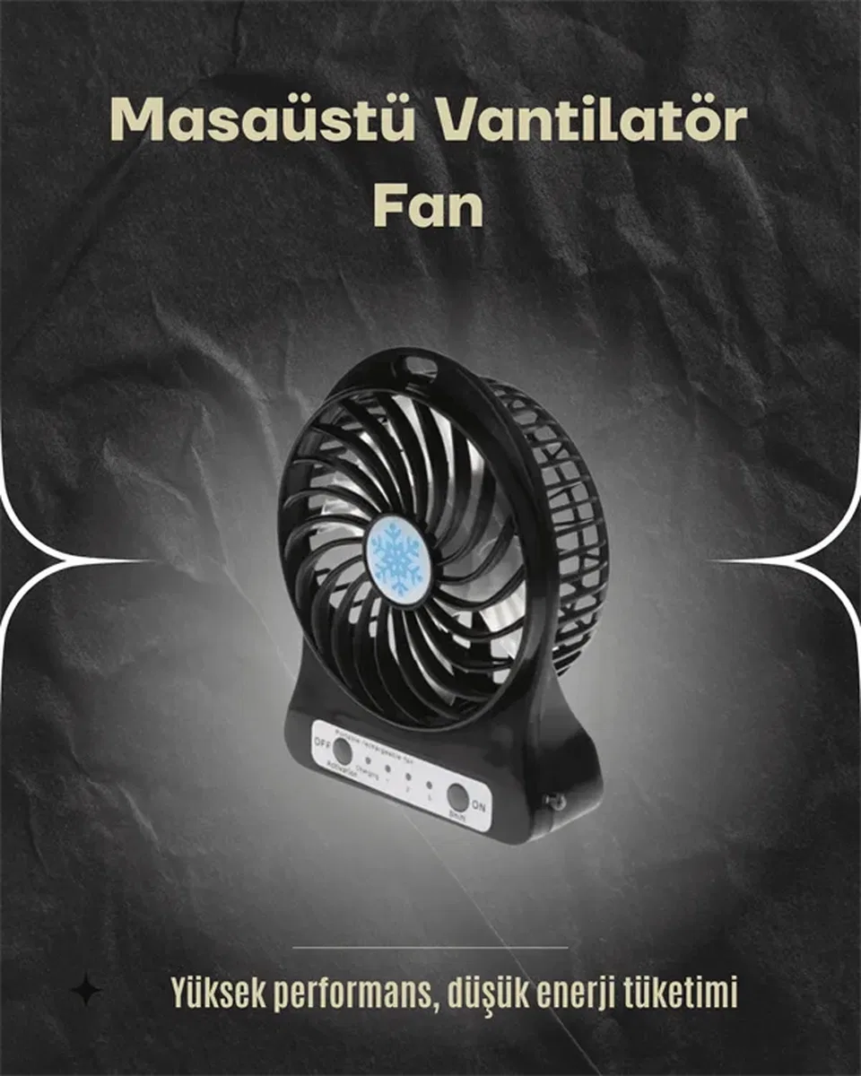 Şarjlı USB Fan – Masaüstü Mini Vantilatör, Taşınabilir, Işıklı, 3 Kademeli, Sessiz görsel 2