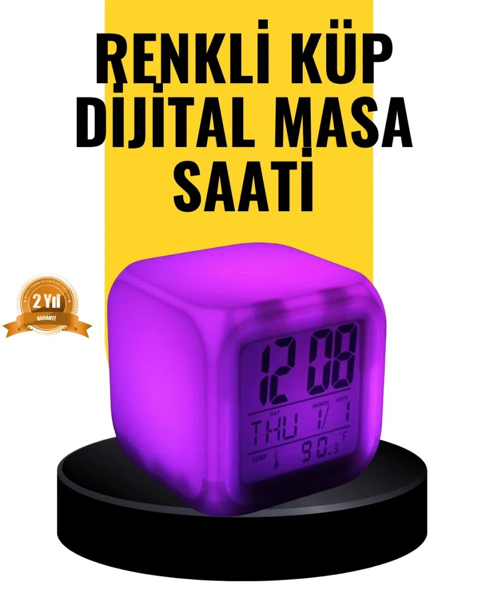 7 Renk Led Işıklı Alarmlı Dijital Küp Masa Saati Termometreli