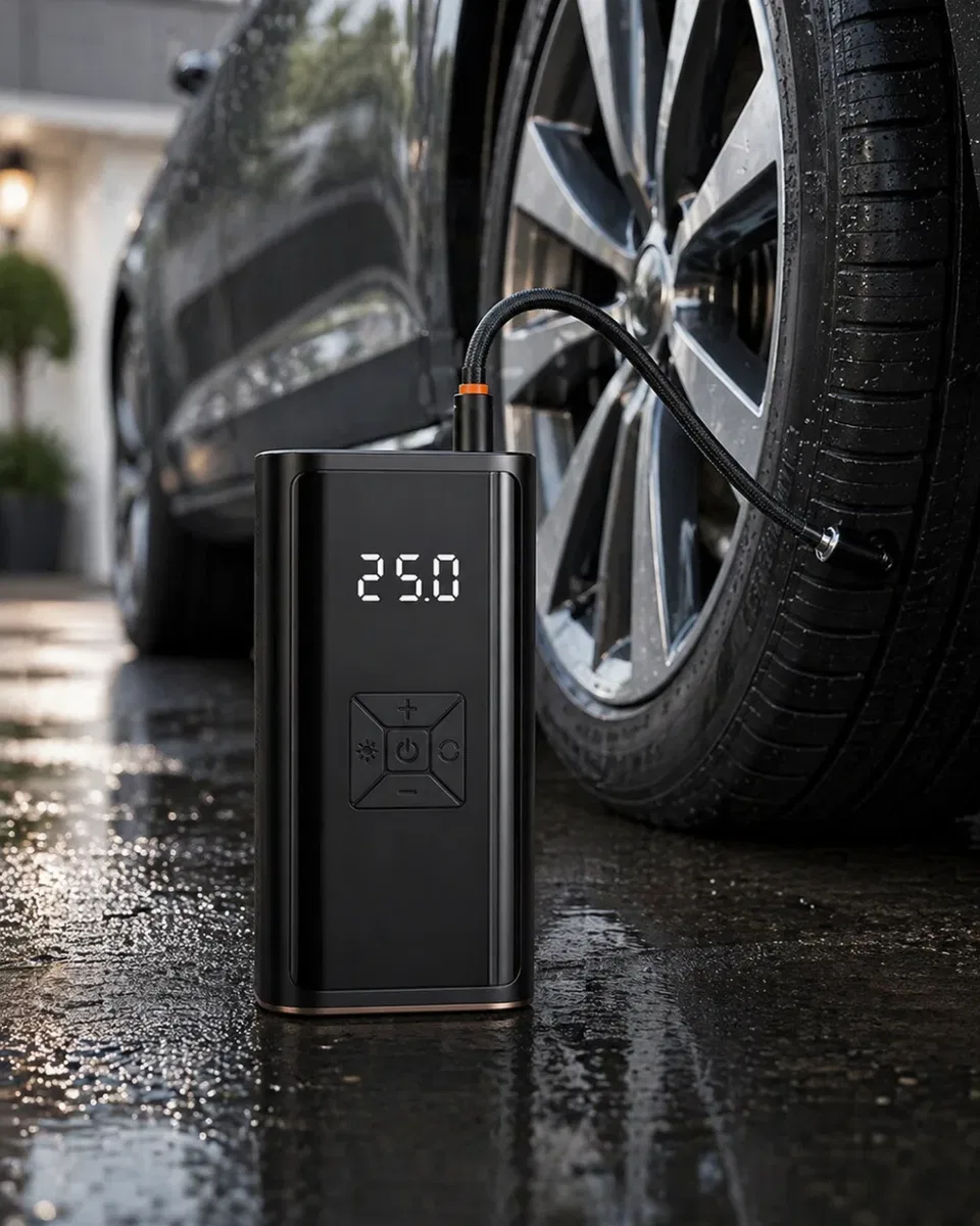 Kablosuz Lastik Şişirme Kompresörü Dijital Ekranlı Powerbank Özellikli Hava Pompası