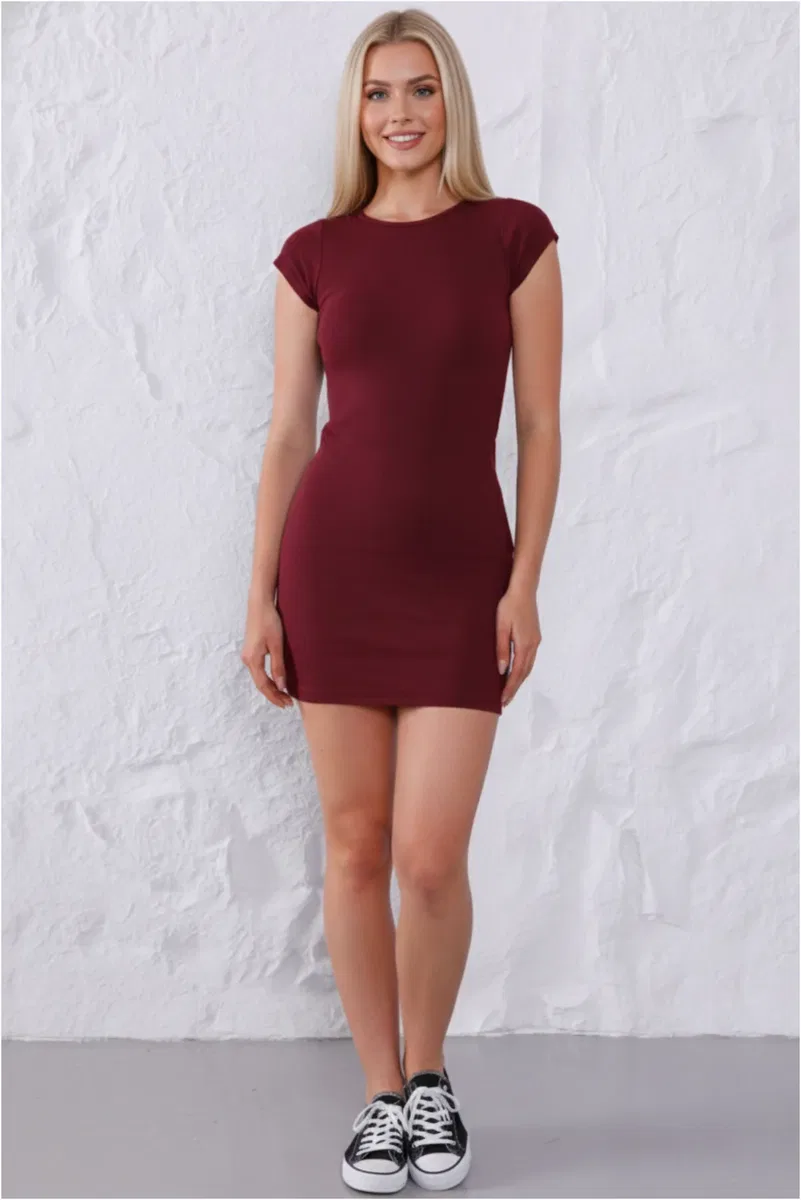 Kadın Şık Bordo Bisiklet Yaka %95 Pamuklu Fitilli Likralı Kaşkorse Slim Fit Basic Mini Elbise