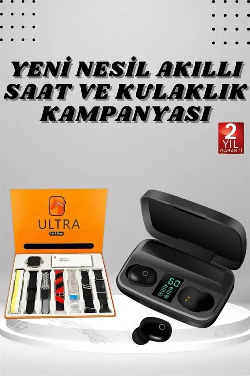 Yeni Nesil Akıllı Saat ve Bluetooth Kulaklık Kampanyası Dokunmatik Kare 7 Kordonlu görsel 2