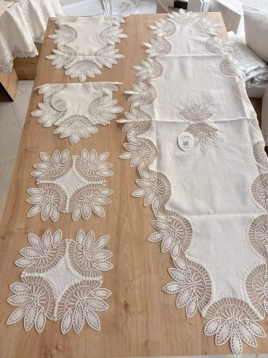 Salon Takımı Çeyizlik Krem Runner Set 5 Parça Keten Ranır Masa Konsol Sehpa Örtüsü Lady
