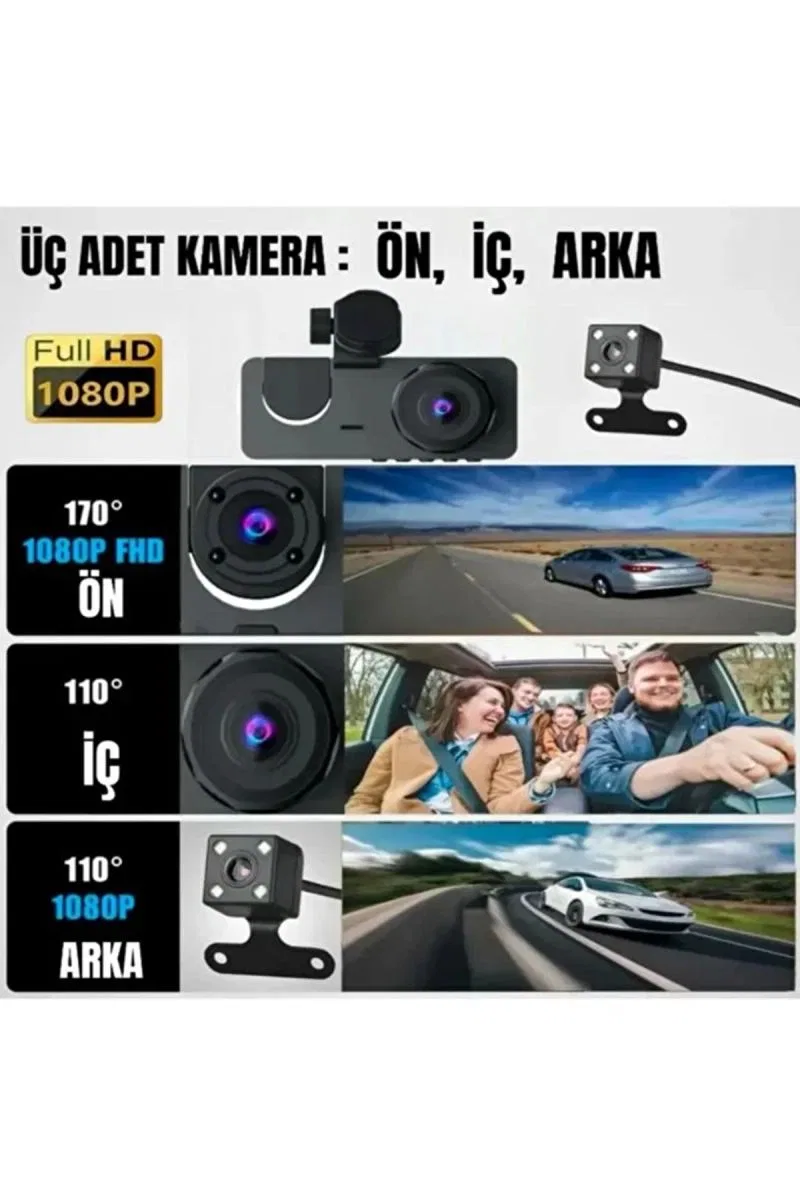 1080p Full Hd Çözünürlüklü Üç Kameralı Araç İçi Kamera - Park Ve Sürüş Güvenliği görsel 2