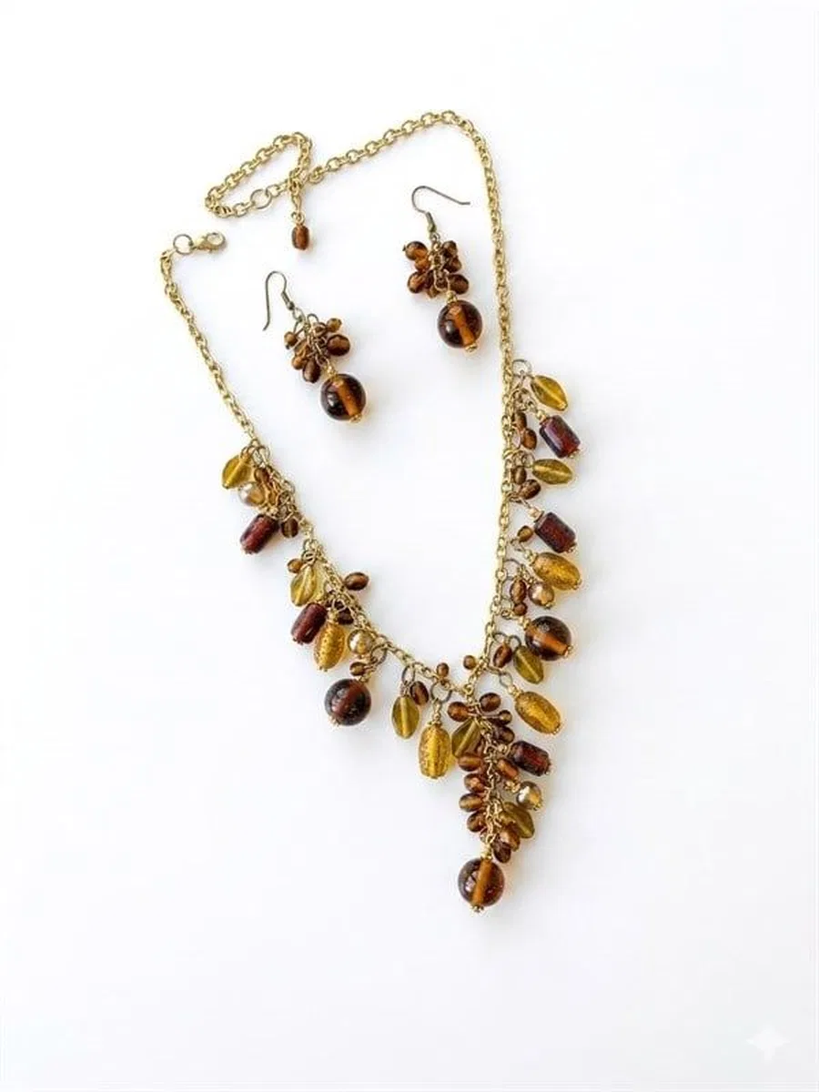 Taşlı Set Kolye - Kahverengi