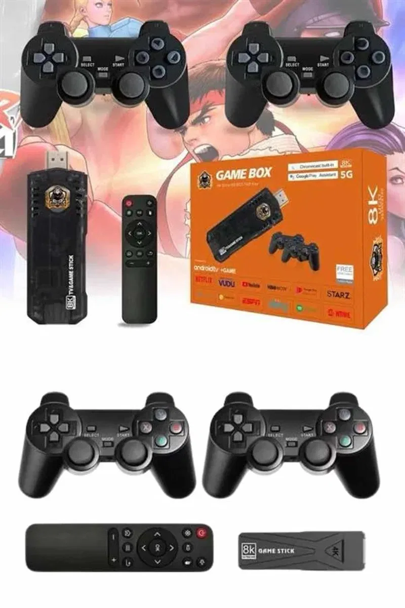 Game Stick Çift Oyun Konsolu Smart TV Game Box 8k Ultra HD 64 Gb