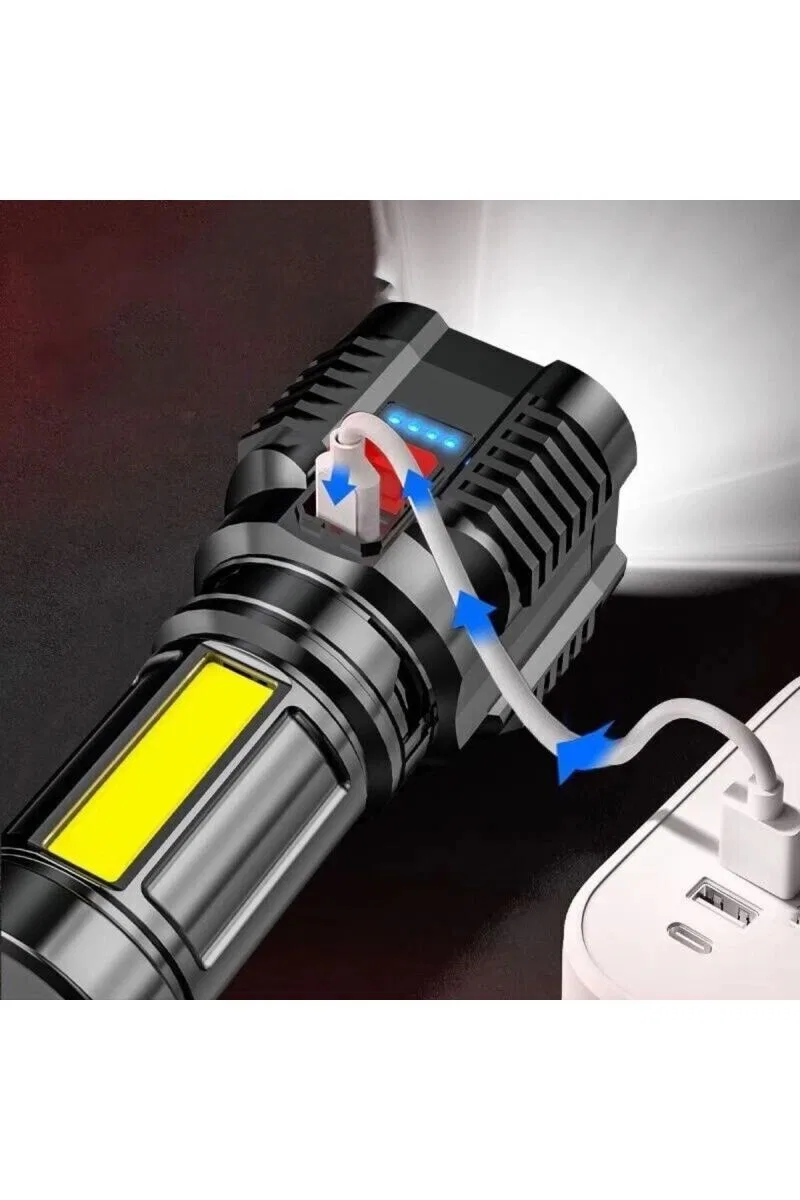 Ultra Parlak El Feneri Usb Şarj 4 Led+yan Cob Led Taktik Günlük Hayat Kamp Avcılık El Feneri görsel 6