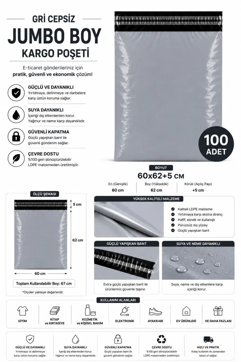 Gri Cepsiz Jumbo Boy Kargo Poşeti 60x62+5 Cm 100 Adet görsel 2