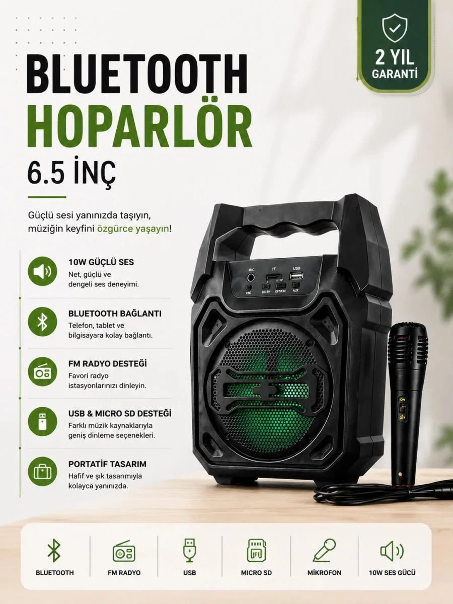 Yeni Nesil 6. 5 İnç Bluetooth Hoparlör Mikrofonlu Taşınabilir Ses Sistemi