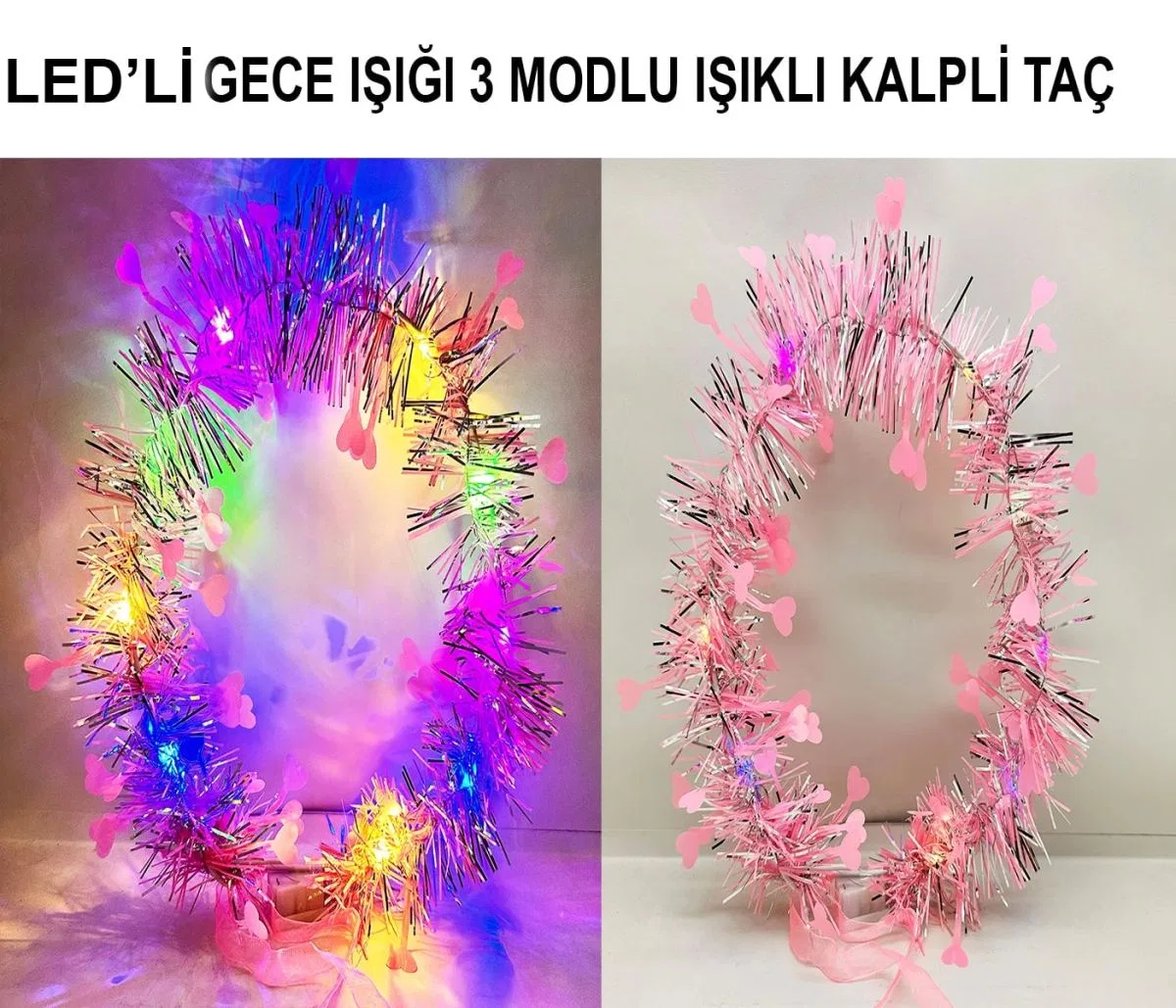 Kalp Püsküllü Gece Parıltısı 3 Modlu Led39li Işıklı Taç Pembe Renk görsel 2