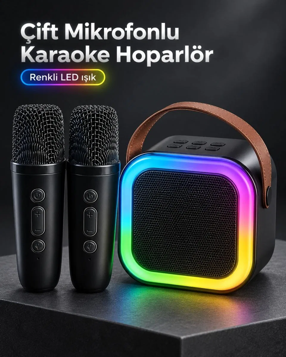 Taşıma Askılı Siyah Led Işıklı Bluetooth Hoparlör Çift Mikrofonlu Karaoke Seti