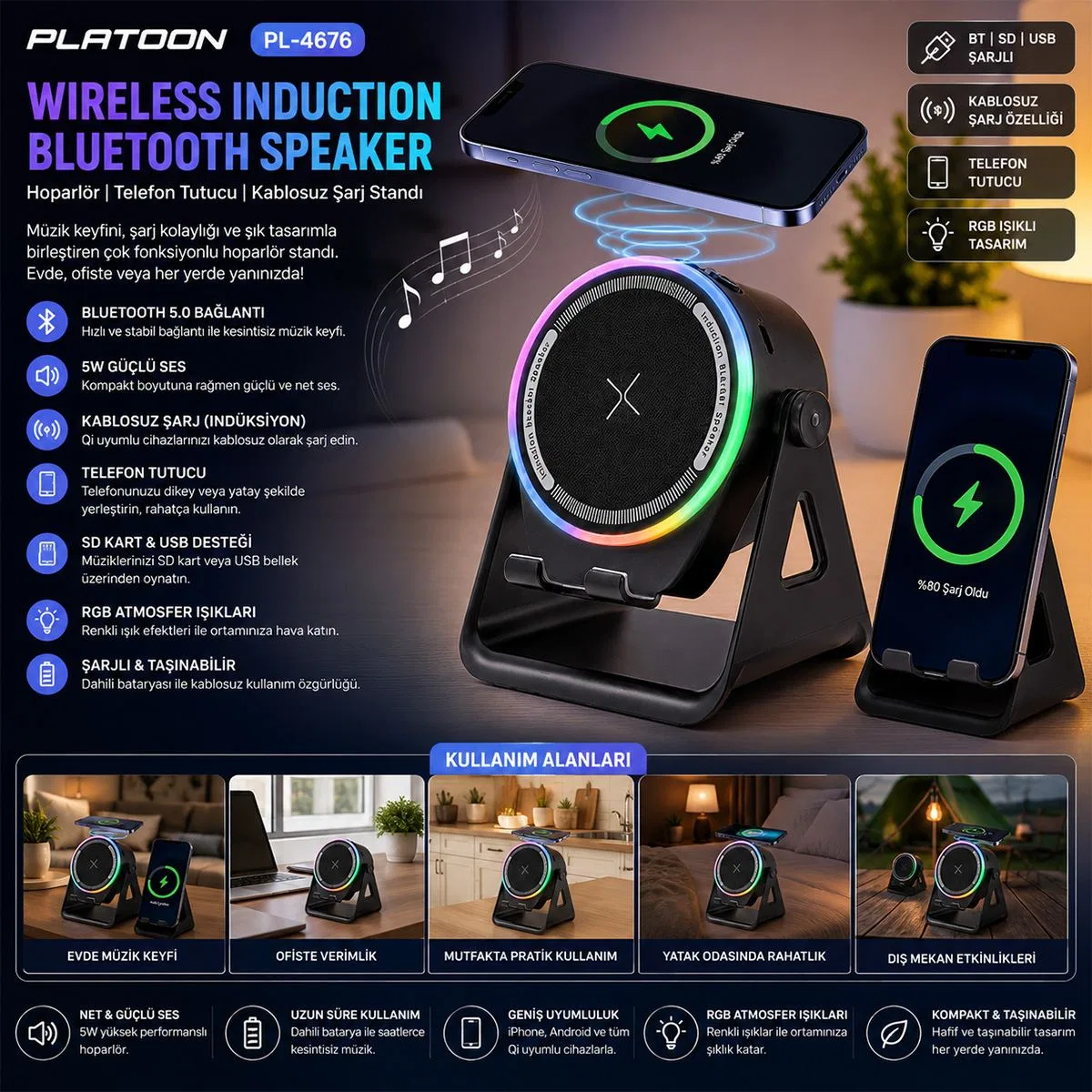 Bluetooth Hoparlör 5W RGB Işıklı Telefon Tutuculu görsel 3