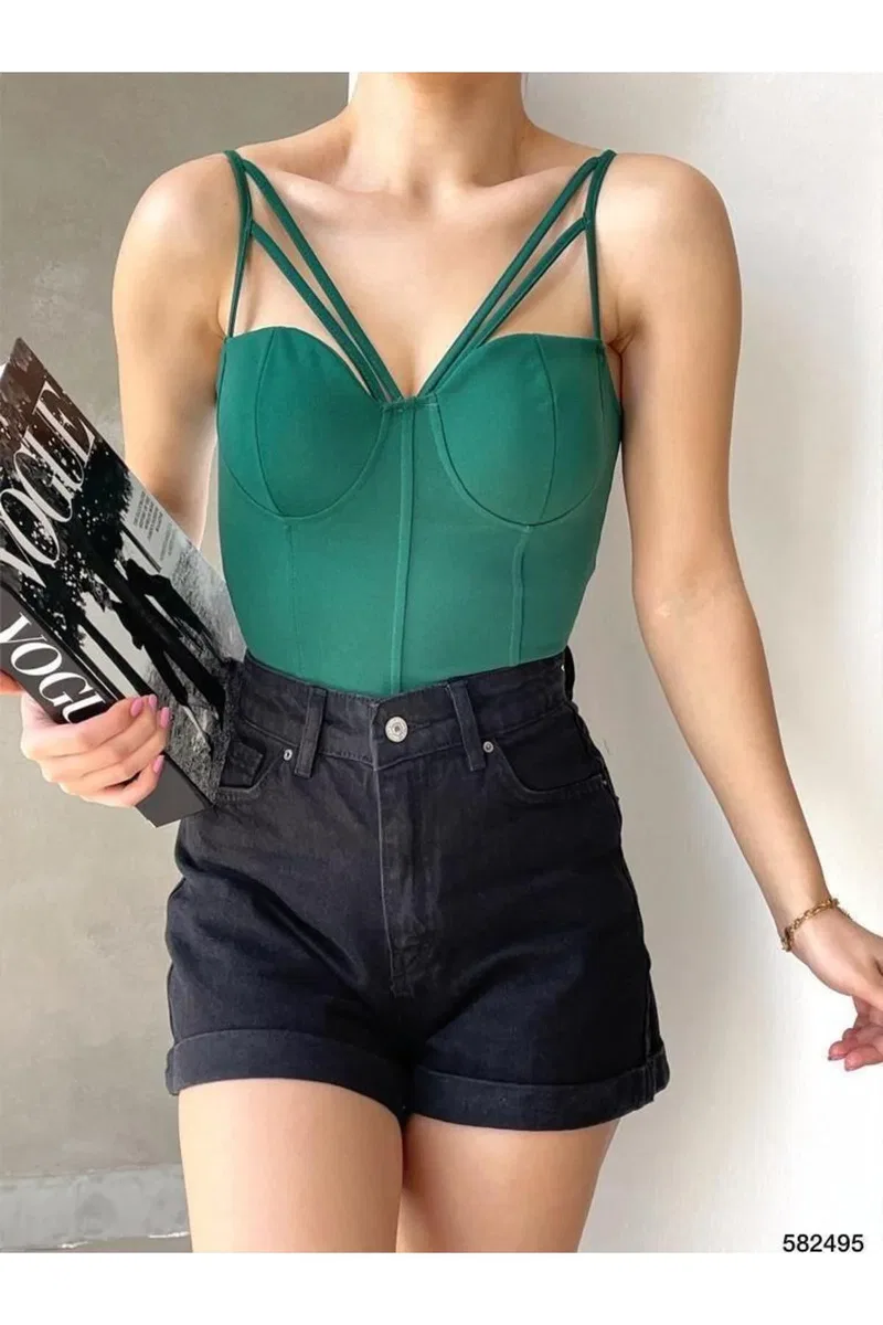 Kadın İşçilik V Yaka İnce Askılı Krep Kumaş Crop Büstiyer görsel 2