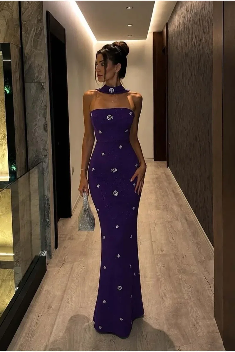 Kadın Trend Simli Kumaş Dik Yaka Taş Detaylı Abiye Elbise