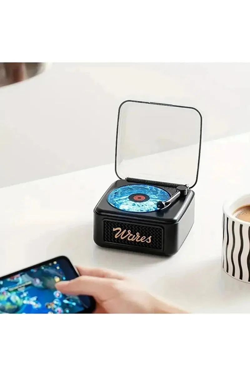 Nostalji Mini Plak Görünümlü Radyolu Bluetooth Hoparlör 3d Ses Dalgası Retro Müzik Plak Siyah görsel 2