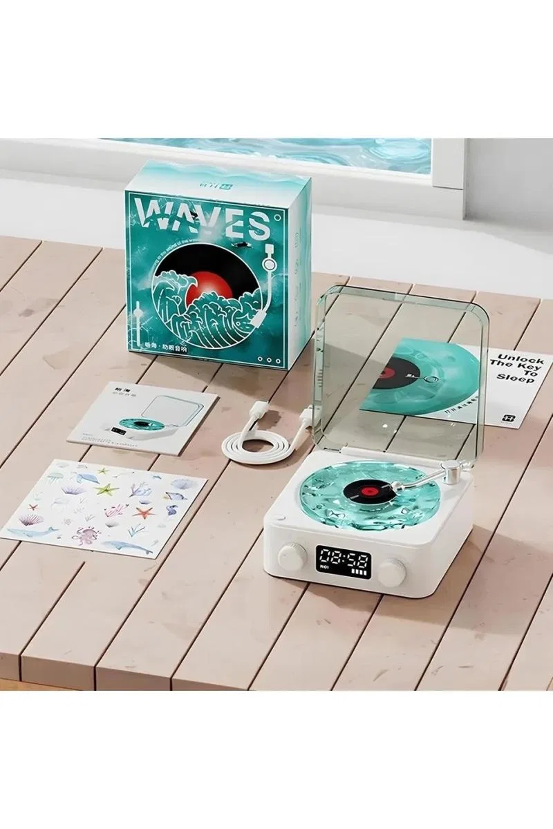 Waves Nostalji Plak Görünümlü Bluetooth Hoparlör 3d Ses Dalgası Retro Müzik Plak Mavi görsel 4