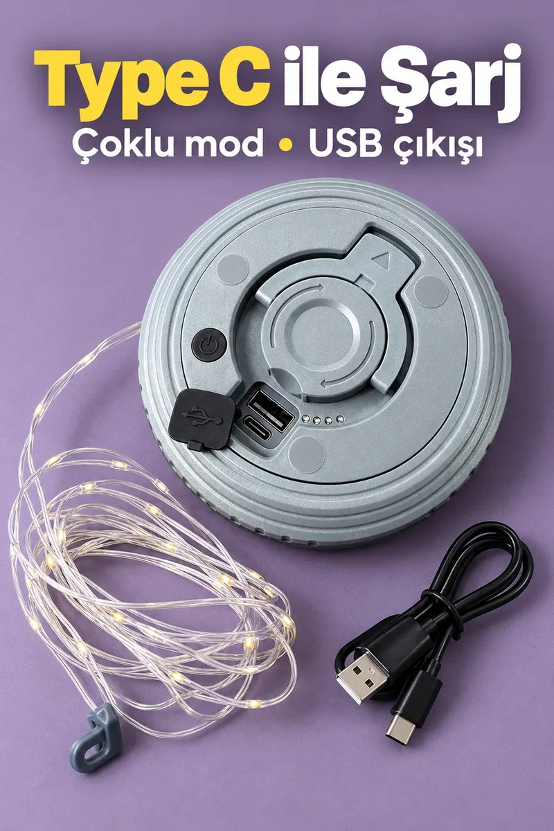 LED Şeritli Kamp Işığı Type C Şarj Girişli
