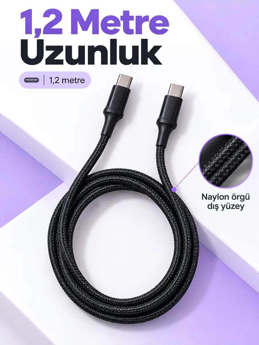 Telefon ve Tablet İçin Type C to Type C Örgülü Şarj Kablosu