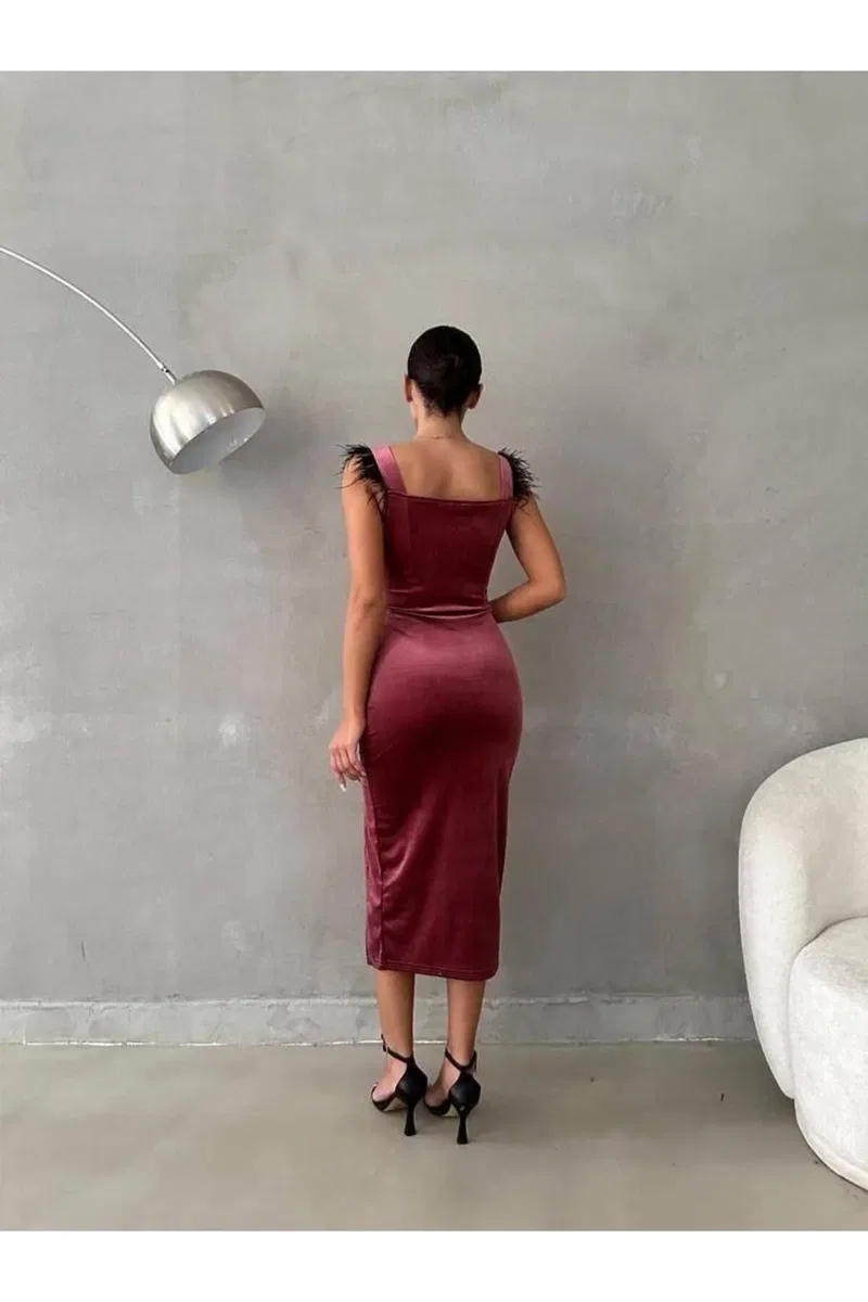 Kadın Bohem Kare Yaka Askılı Kadife Kumaş Abiye Elbise görsel 4