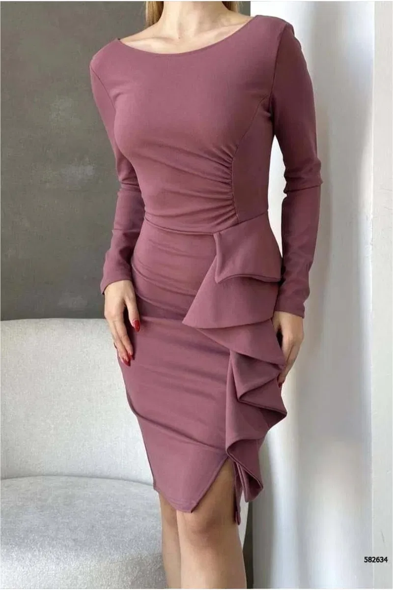 Krep Volanlı Elbise Yaka Bisiklet Abiye Kumaş