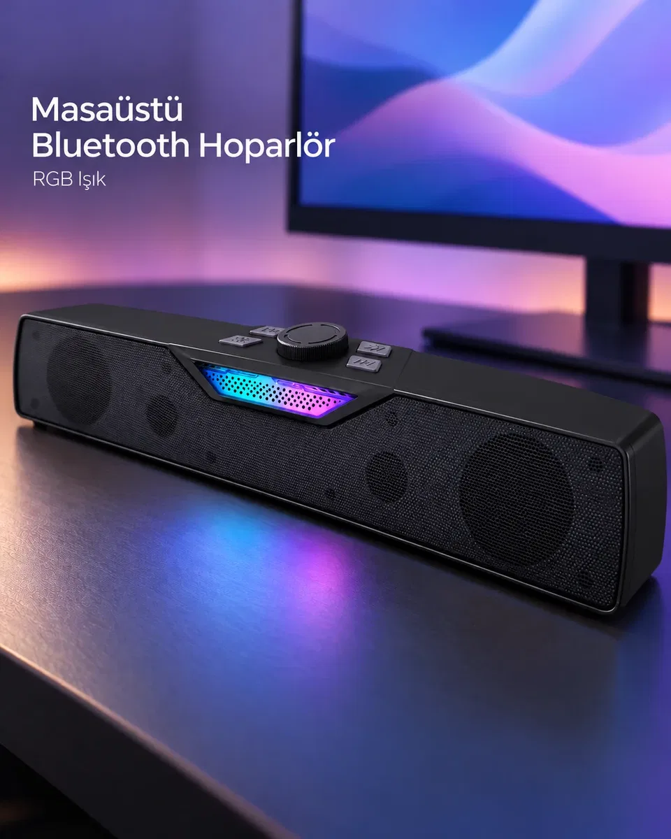 RGB Işıklı Bluetooth 5. 4 Masaüstü Soundbar Hoparlör USB Destekli Siyah