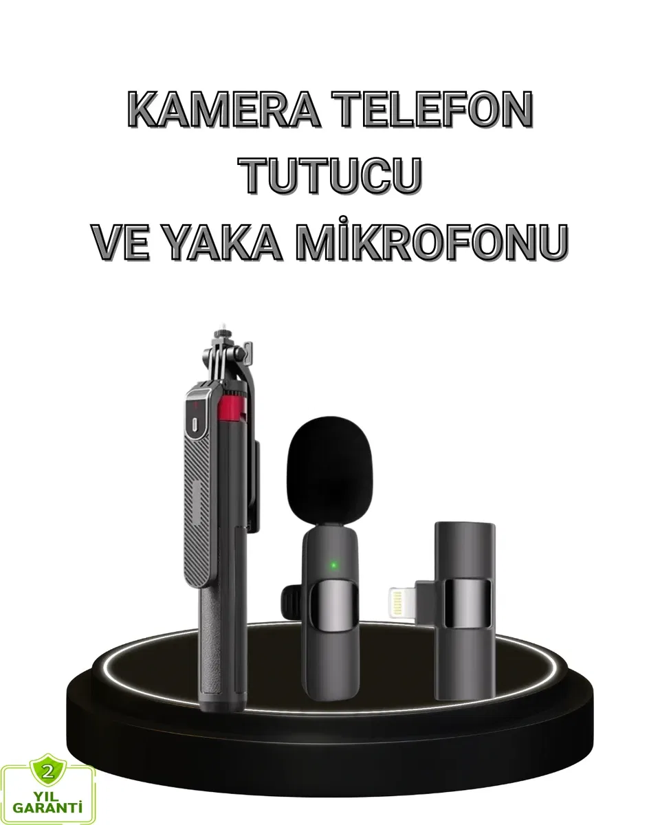 Vlog ve Canlı Yayın İçin Çift Yaka Mikrofonu ve Tripodlu Selfie Çubuğu Seti