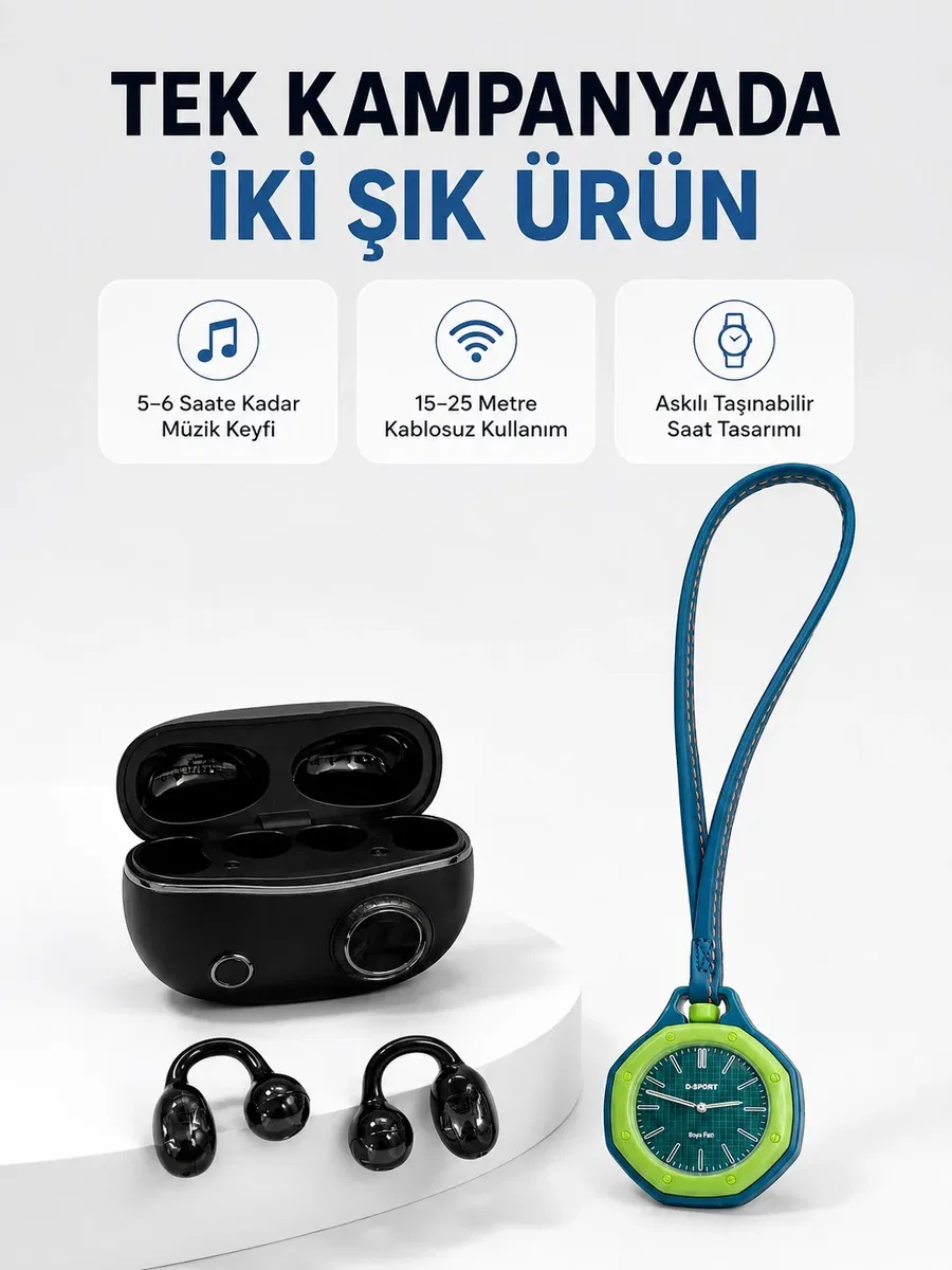 Yeşil Çanta Charm Saat ve Kablosuz Bluetooth Kulaklık İkili Kampanya Seti Günlük Kullanım