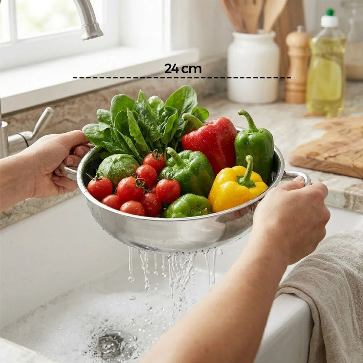 24 cm Kulplu Basık Metal Süzgeç görsel 3