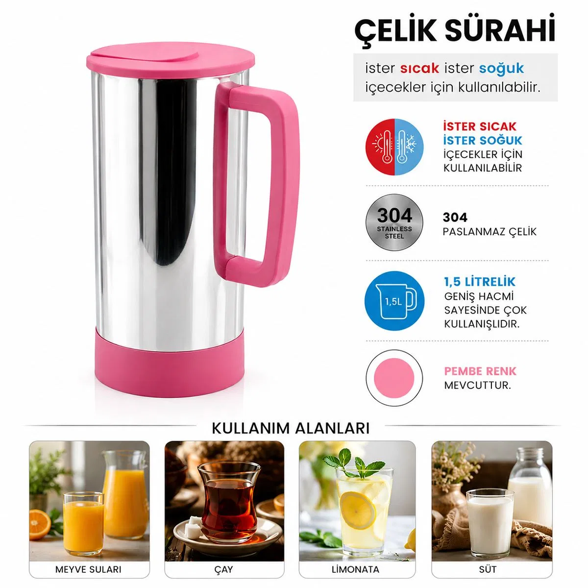 Pembe Paslanmaz Çelik Sürahi (Sıcak & Soğuk) görsel 2