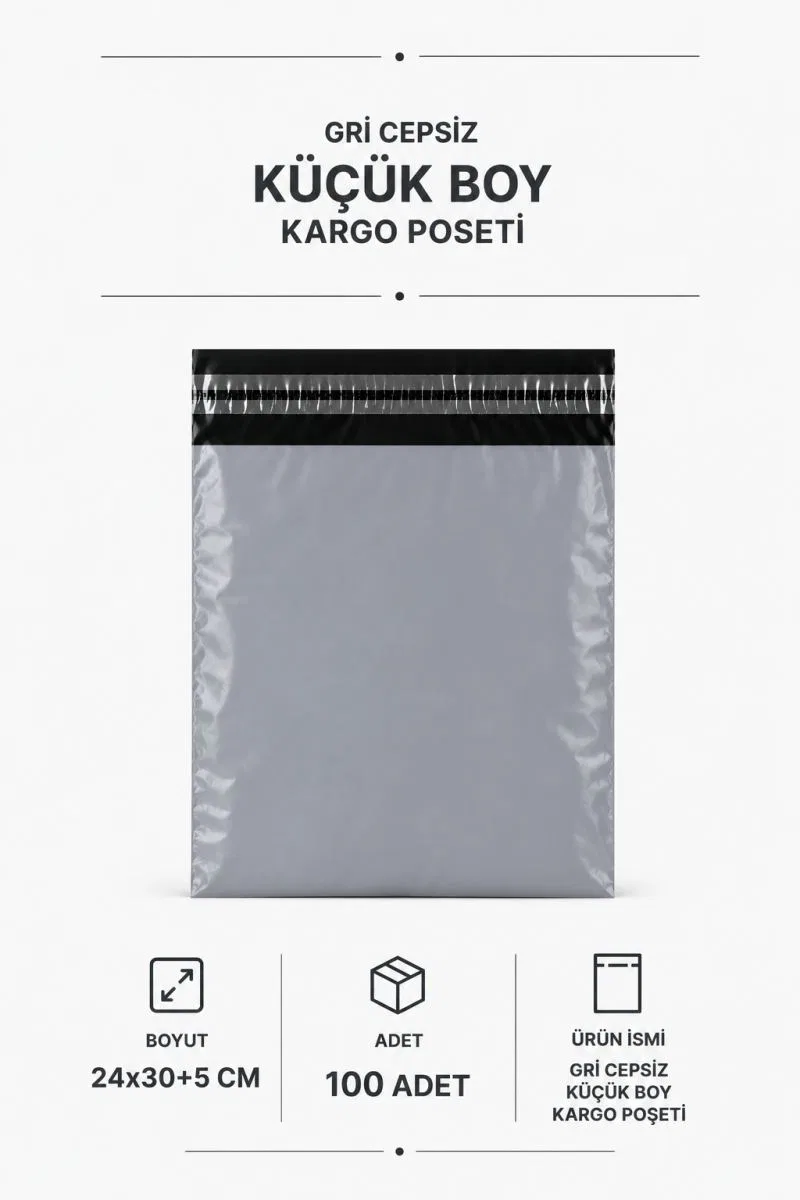 Gri Cepsiz Küçük Boy Kargo Poşeti 24x30+5 Cm 100 Adet