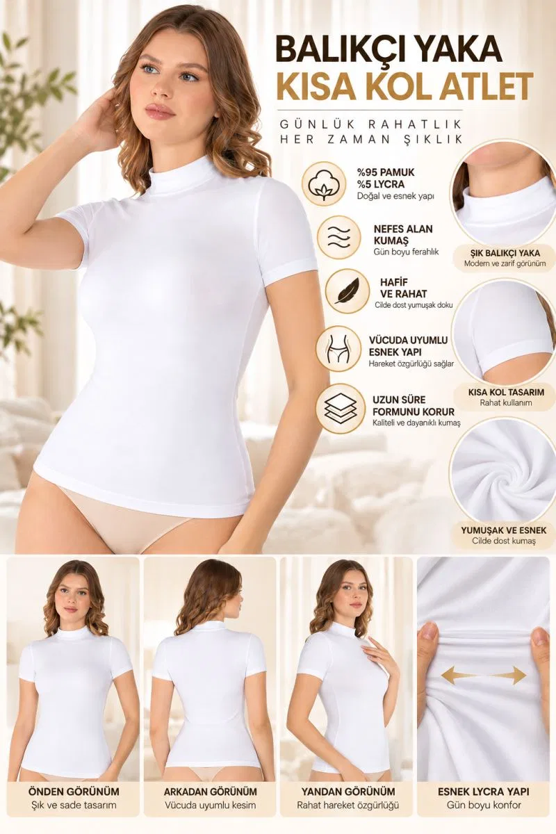 Kadın Balıkçı Yaka Kısa Kol Atlet Beyaz, Esnek Kumaş, Vücuda Oturan Basic Body - ryl - 2611 görsel 2
