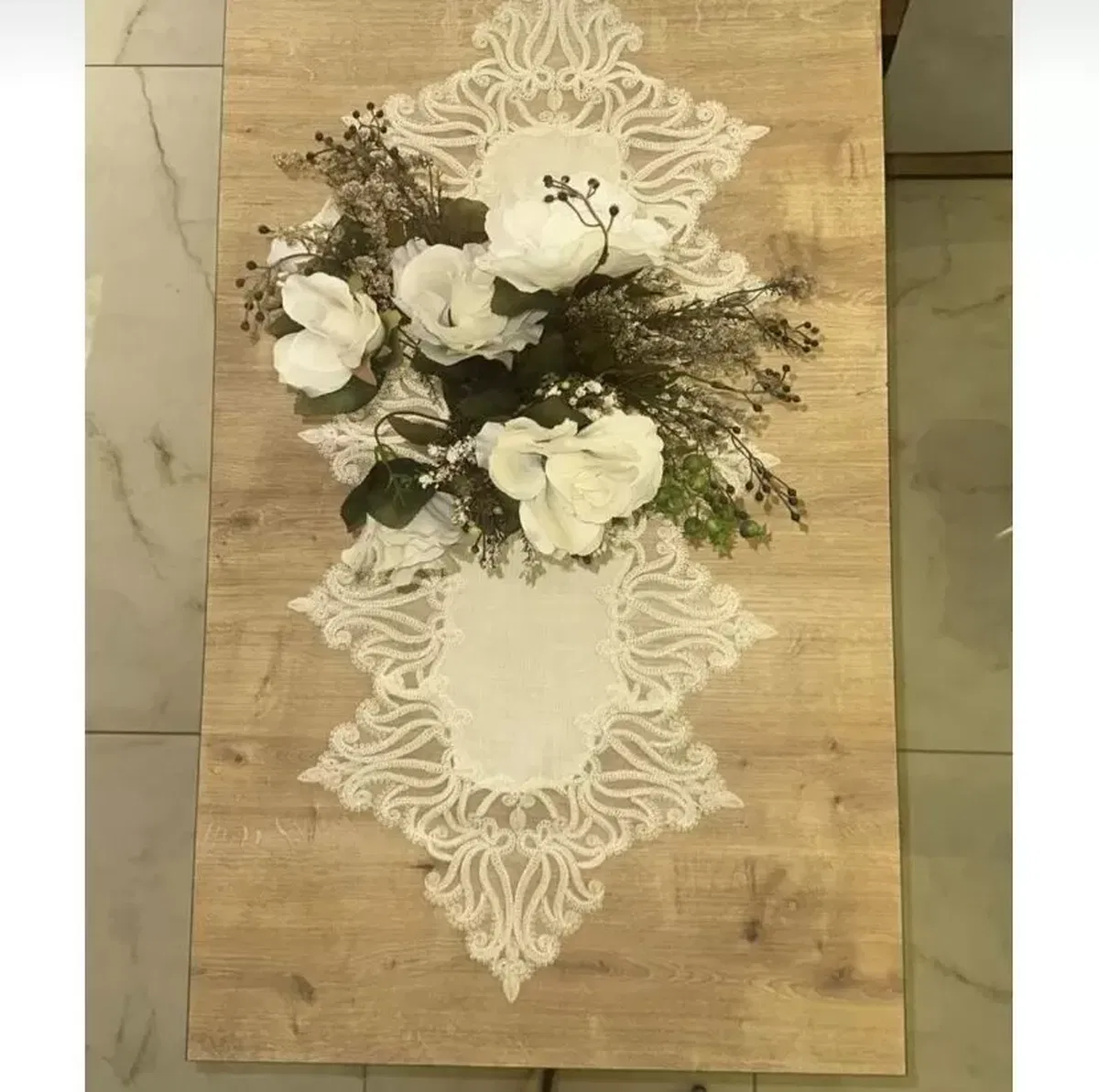 Gülseda Krem-Krem Model 5 Parça Keten Masa Örtüsü Runner Seti Çeyizlik Salon Takımı görsel 2