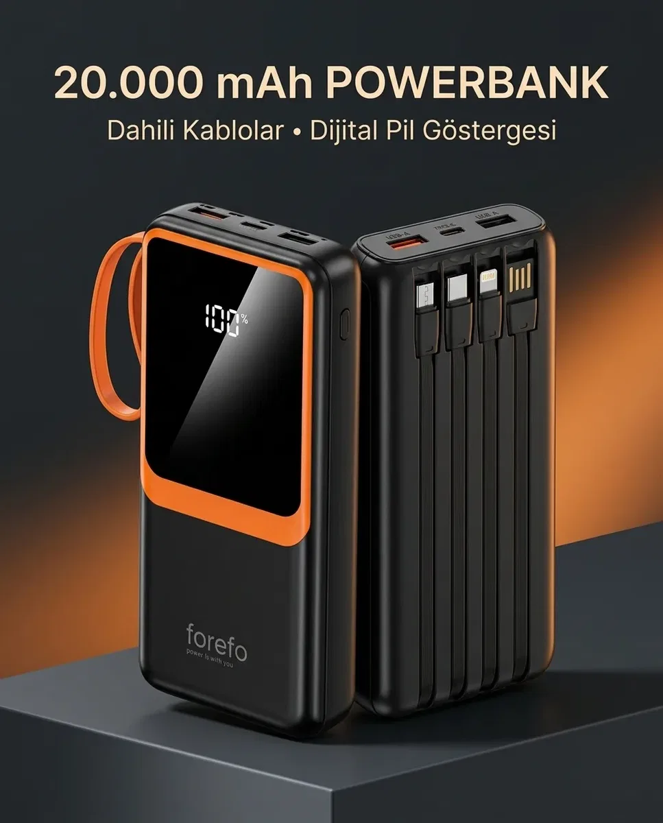 1. Çoklu Çıkışlı 20000 mAh Powerbank Entegre Kablolu Dijital Ekranlı Taşınabilir Şarj Cihazı