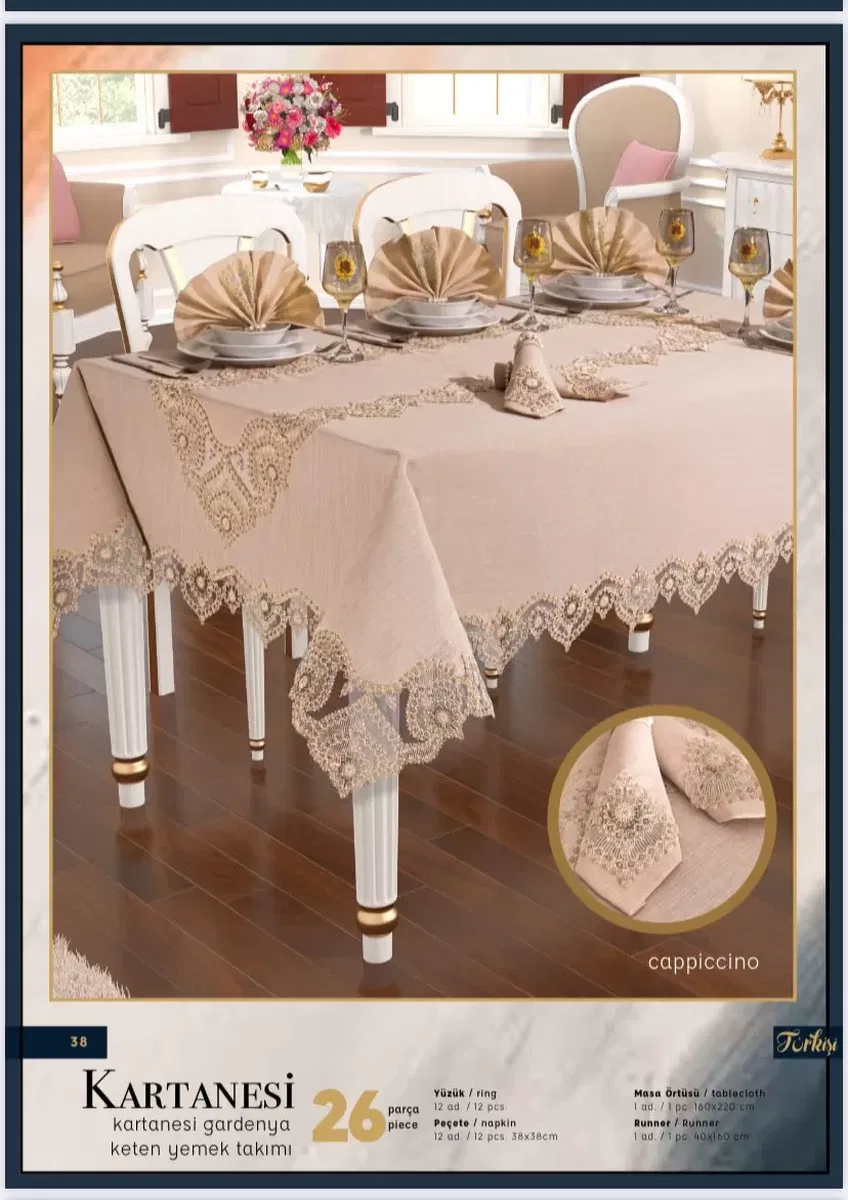 Kartanesi Gardenya Keten Yemek Takımı Masa Seti 12 Kişilik 26 Parça 160 × 220 cm Runner Set Kapiçino görsel 2