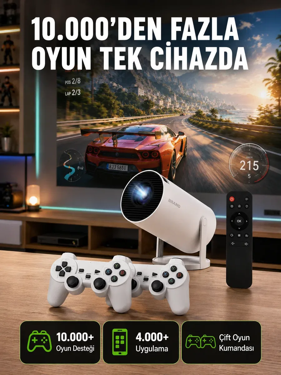 TÇift Kollu Tasarımlı Kablosuz Projeksiyon – 4K, 10. 000 Oyun ve Smart App Desteği Yeni Nesil