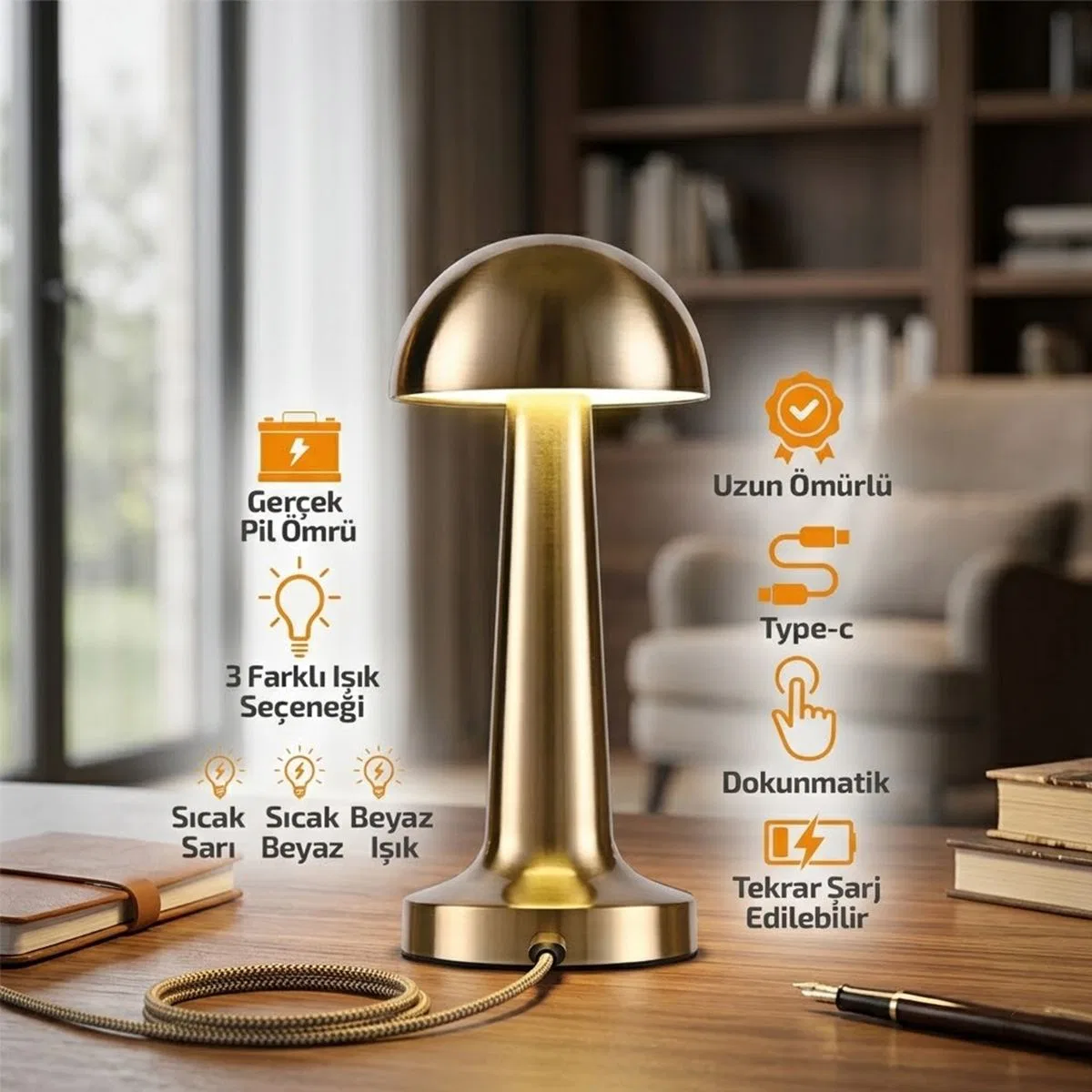 Oval Metal Mantar Masa Lambası - Dokunmatik Type-C 3 Mod görsel 3